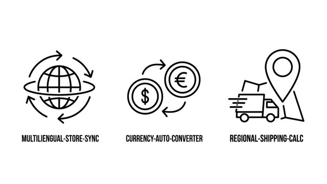 E-commerce and global store management icons including multilingual sync currency converter and regional shipping with ecommerce currency shipping logistics business translator converter