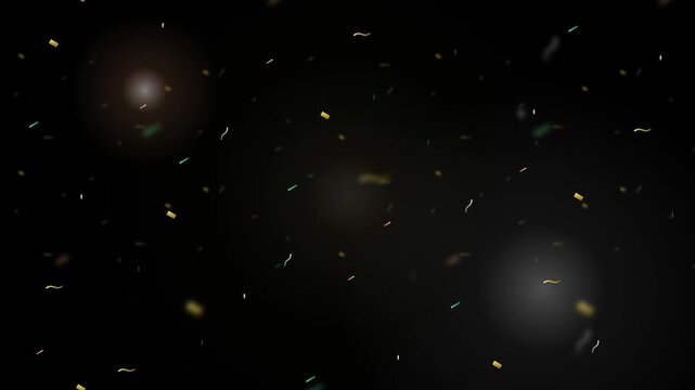 Black backdrop with a festive scattering of colorful confetti and bokeh lights