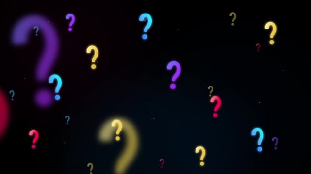 Scattered neon question marks on a dark blue background with bokeh