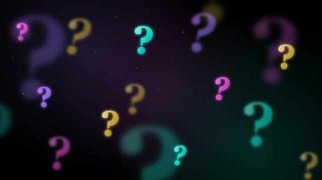 Colorful question marks floating on a dark, bokeh background