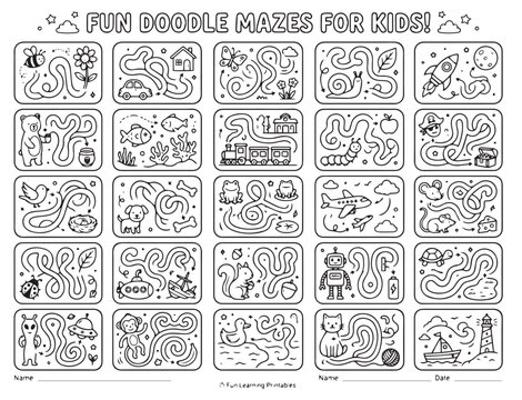 Fun Doodle Mazes for Kids, 25 Cute Line Tracing Puzzles and Educational Matching Game Activities, Black and White Worksheet KDP Interior