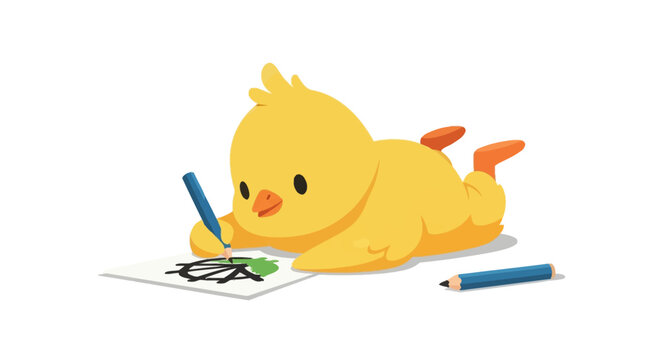 Cute yellow baby chick character lying on stomach and drawing on a piece of white paper with a blue pencil, featuring another pencil on the ground and isolated on white background.