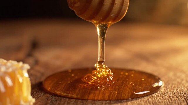 Macro footage of thick amber honey pouring slowly from a wooden spoon onto a rustic wood table for healthy organic food concept