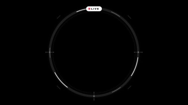 Animated circular timer frame with crosshairs and live indicator on dark background