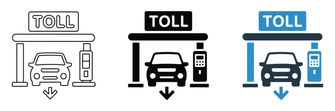 Toll plaza icon set vector featuring highway barrier symbols, transportation control elements, road checkpoint graphics, and traffic management illustrations in modern flat design style.