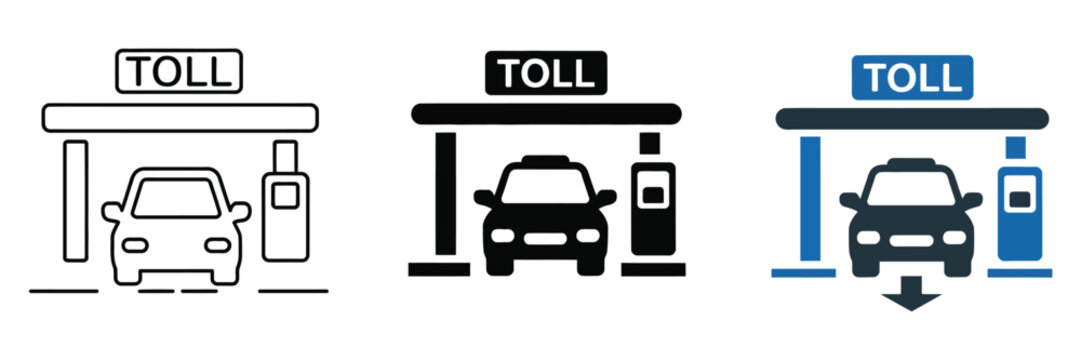 Toll Plaza Icon Set Vector with road barrier symbols, highway transportation icons, and traffic control illustrations isolated on a clean white background for navigation and infrastructure 