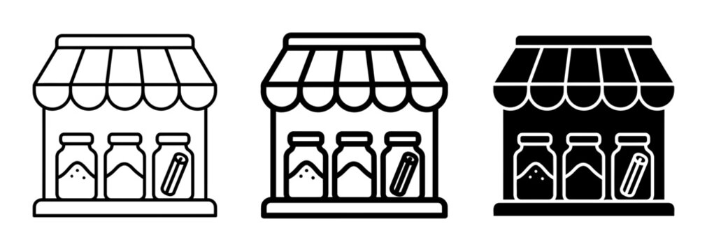 Shopfront icons, storefront illustrations, bakery window graphics, black and white
