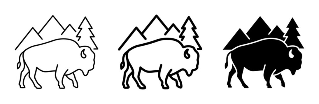 Bison, bison icons, mountain, nature symbols, wildlife illustrations