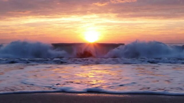 Ocean Sunrise Over Breaking Waves  Sandy Shore