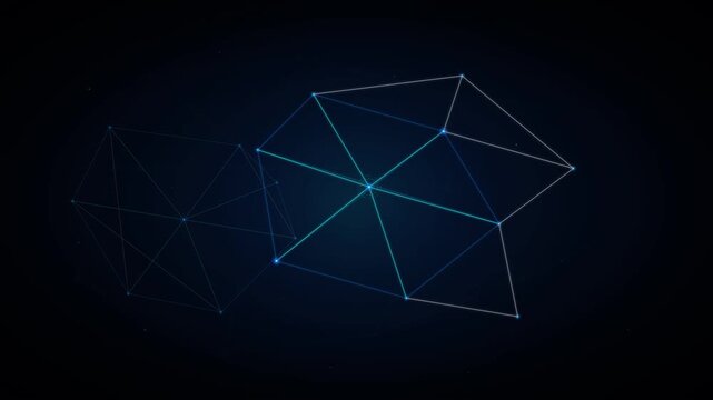 Two geometric wireframe cubes connected by glowing blue and teal lines on a dark background