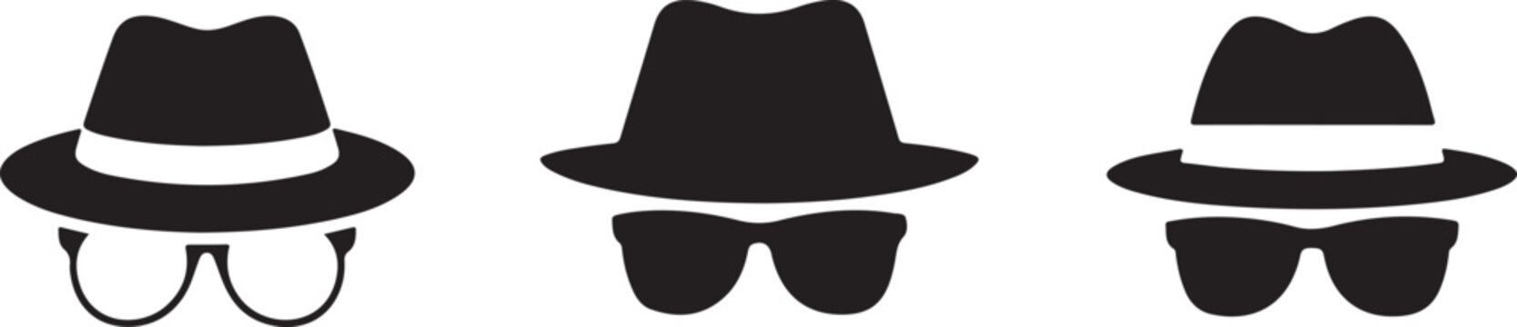 Set of incognito fedora hats with dark glasses, spy, detective, secret agent, or unknown person symbols.