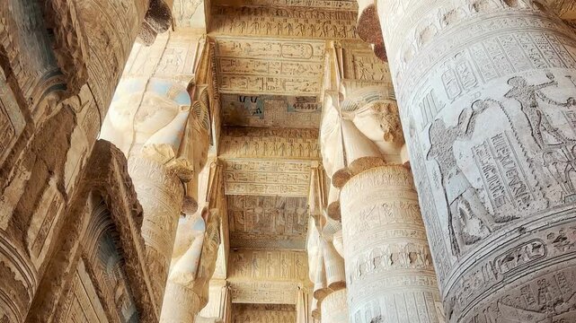 Beautiful vaults and bas-reliefs in the ancient temple complex of Dendera, Qena, Egypt.