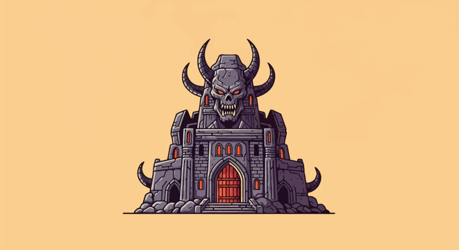 Vector illustration of a demonic stone fortress featuring a large horned skull on its tower with glowing orange windows and a heavy wooden gate on a plain background.