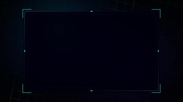 Futuristic dark interface with a glowing cyan rectangular frame and subtle grid background