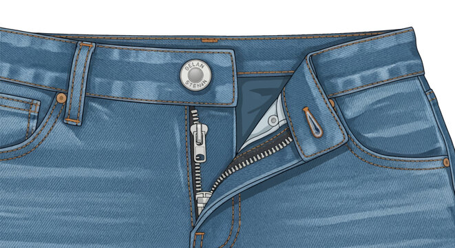 Vector illustration of the front fly and waist section of blue denim pants featuring an open metal zipper, metal button, belt loops, pockets with rivets, and orange topstitching.