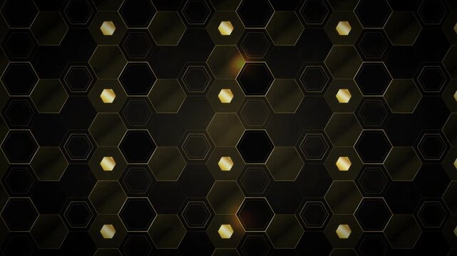 Dark background with a dense pattern of gold-edged hexagons and subtle light reflections