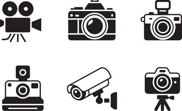 Set of various camera equipment icons including professional photography and video recording devices on transparent dark background.