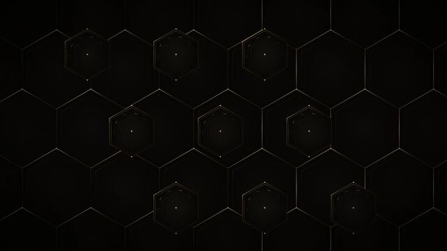 Dark hexagonal geometric pattern with glowing gold outlines and subtle circular details