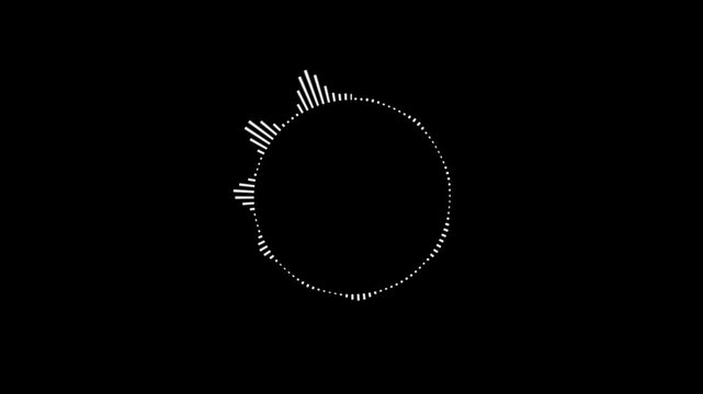 A graphic circular loop of rhythmic audio frequency sound waves in the background. White circular audio spectrum visualizer with radiating line. Glowing circle audio spectrum visualizer animation.