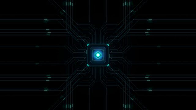 Intricate glowing circuit board radiating from a central square chip with a subtle digital pattern