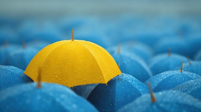 Yellow umbrella standing out in crowd