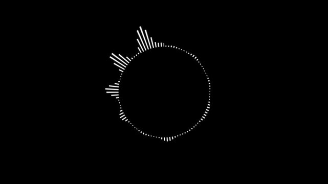 A graphic circular loop of rhythmic audio frequency sound waves in the background. White circular audio spectrum visualizer with radiating line. Glowing circle audio spectrum visualizer animation.