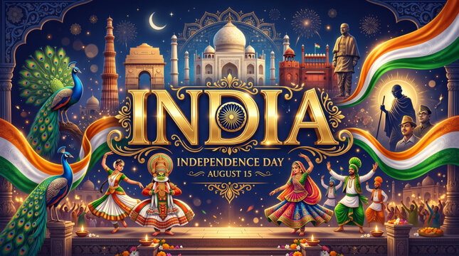 Grand Indian Independence Day celebration with cultural heritage landmarks and patriotic festival artwork