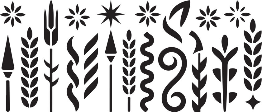 Set of decorative folk icons featuring wheat ears spears floral elements swirls and organic shapes for traditional craft.