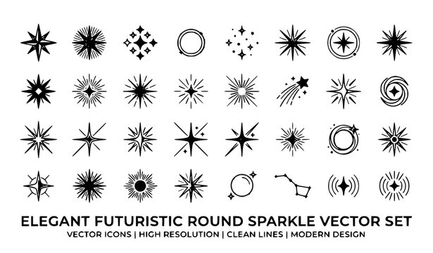 Luxury futuristic sparkle star circle vector collection with abstract glowing symbols