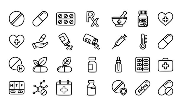 Medical capsule pills outline icon set vector illustration for pharmacy healthcare design