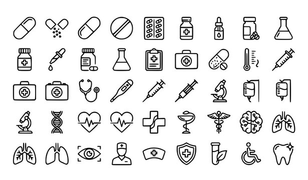 Modern medical capsule and pill outline icons vector set for healthcare applications