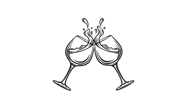 Two clinking wine glasses outline vector logo with splashing drink celebration design