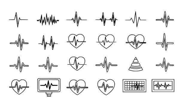 Heartbeat pulse graph ECG vector illustration set with simple flat medical icons