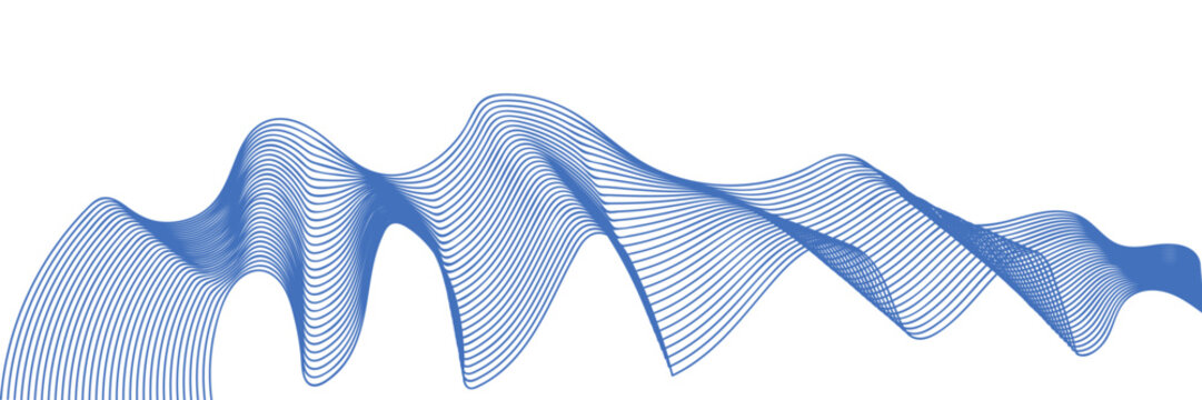 Abstract monochromatic blue soundwave composed of thin parallel grid lines isolated on white background. Curved digital linear pattern representing audio frequency or data movement.