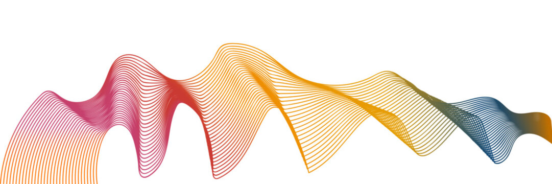 Abstract soundwave pattern consisting of pink orange and blue gradient grid lines isolated on white background. Curved linear technology concept element with digital distortion effect.