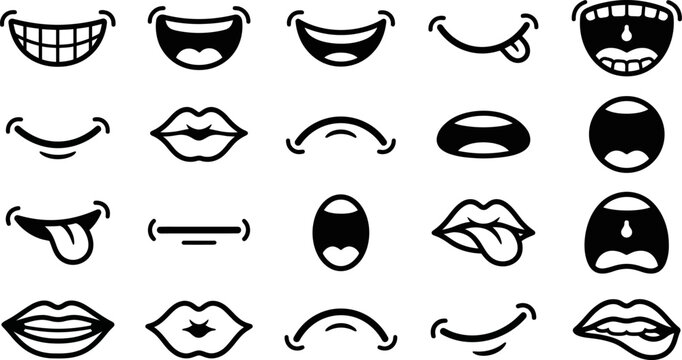 Collection of various cartoon mouth and lip expressions and emoticon faces