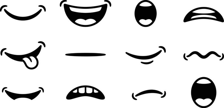 Various cartoon mouths and eyes for emoticons and facial expressions  many different smiling faces