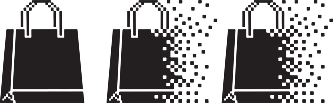 Pixelated shopping bag disintegration effect showing digital transformation of retail commerce from physical to electronic storefront.