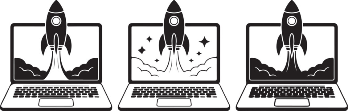 Laptop computer displaying rocket launching into starry sky with clouds and smoke, startup success concept, technology symbol.