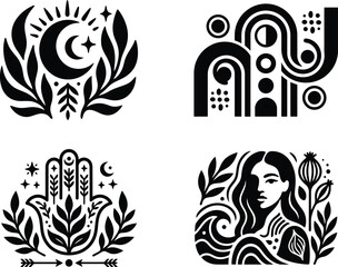 Fototapeta premium Set of four mystical and bohemian style vector illustrations featuring lunar phases, hamsa hand, and abstract motifs.