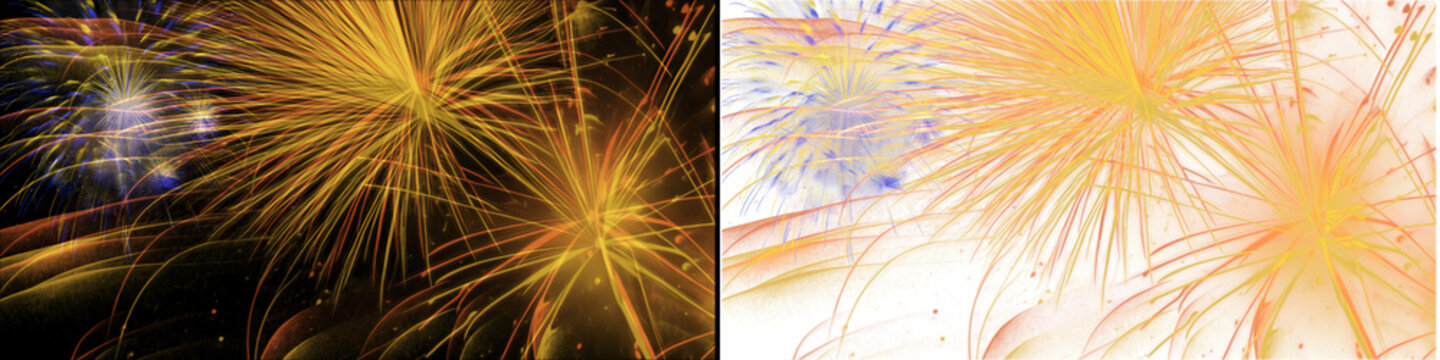 Golden yellow fireworks explode on dark background with blue accents dynamic light.