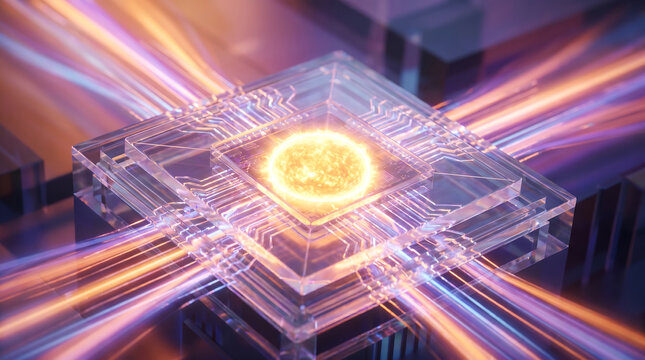 Transparent microchip with glowing core and data streams on technology background