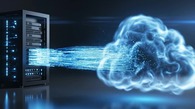 Server rack with fiber optic cables for high-tech product launches and digital media