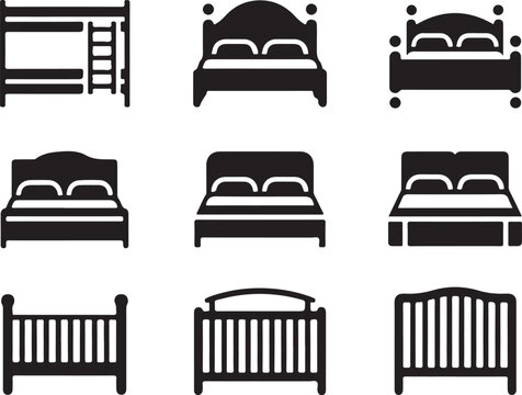Collection of black bed silhouettes featuring bunk beds double beds and baby cribs for bedroom furniture catalog and interior.