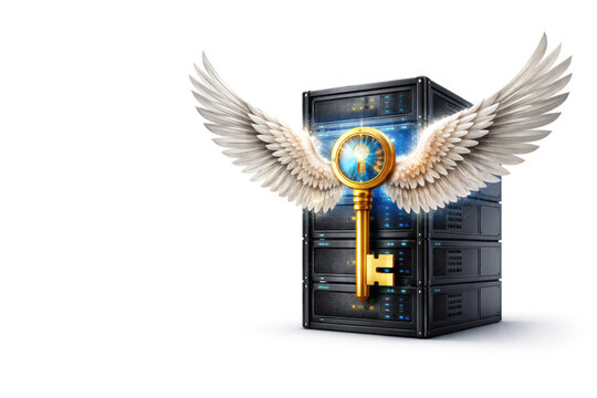 A golden key with wings in front of a server rack on a white background. Space for text.