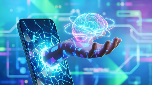 Mechanical hand reaching out of mobile phone screen holding holographic brain