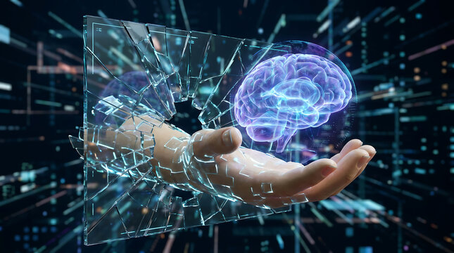 Hand holding glowing brain behind broken glass representing technology and innovation