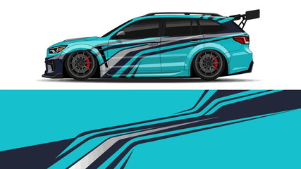 Obraz premium Dynamic teal and blue graphic sports car illustration with bold stripes and design.