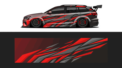 Naklejka premium Sleek racing car with red and black abstract livery on dark background.