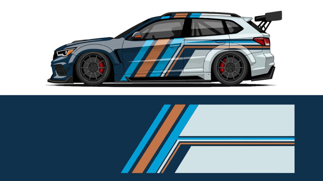Side view of a blue race car with bold graphics and racing decals on a dark blue background.